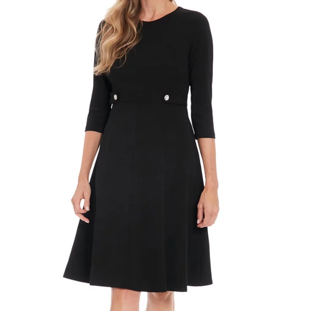 London Times Women's Black Crepe Fit & Flare with Waist Button Detail - size 14